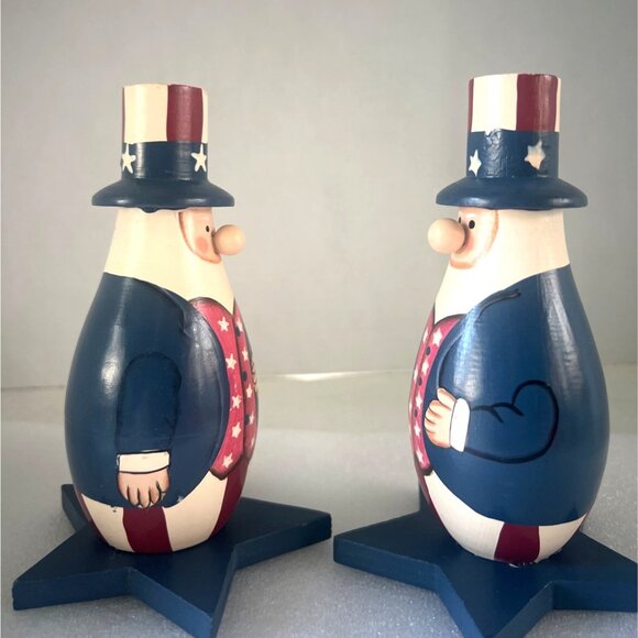Pair Of Uncle Sam Wooden Americana Folk Art  Figurines Star Base USA Patriotic - Picture 5 of 6